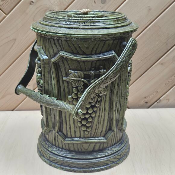 Vintage MCM 1960s Faux Wood Ice Bucket Cooler Barware Green Grapes w Handle - Picture 1 of 8
